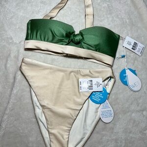 WET Two-Piece Green and Cream Knot Bandeau Bikini Set